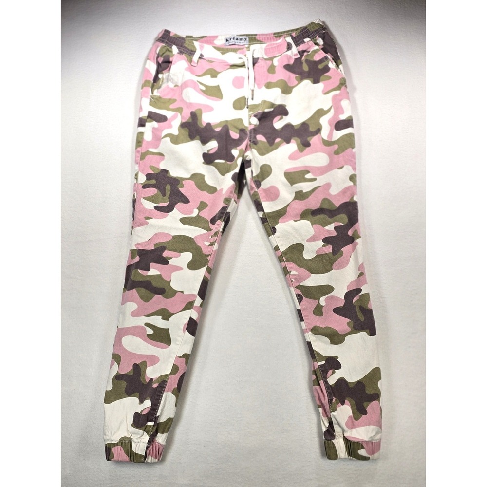 Kreamy Pink Olive Camo Jogger Pants Womens XL Elastic Waist Drawstring Utility